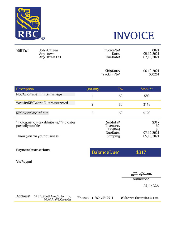 USA RBC invoice PSD template